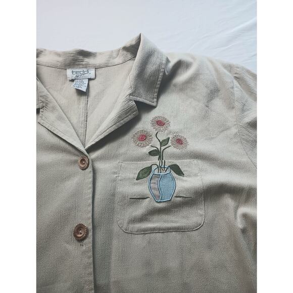 Vintage Teddi Sunflower Beige Blue Red Button Up Blouse Wooden buttons Size 2X - Picture 4 of 6